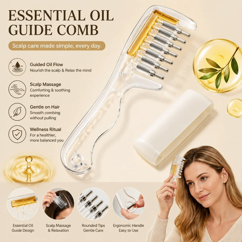 Crystal scalp oil comb with rounded metal tips and ergonomic handle showing essential oil guide design and feature callouts