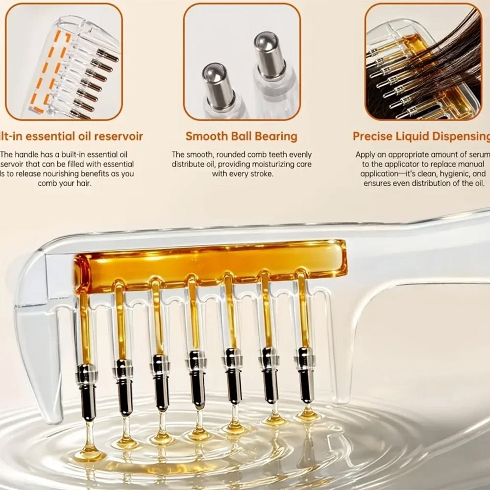 Woman using crystal scalp oil comb to apply essential oil to hair with botanical elements in background