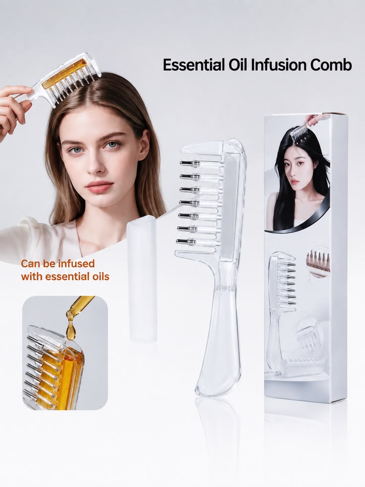 Close-up of crystal scalp comb showing rounded metal tips and transparent oil reservoir body